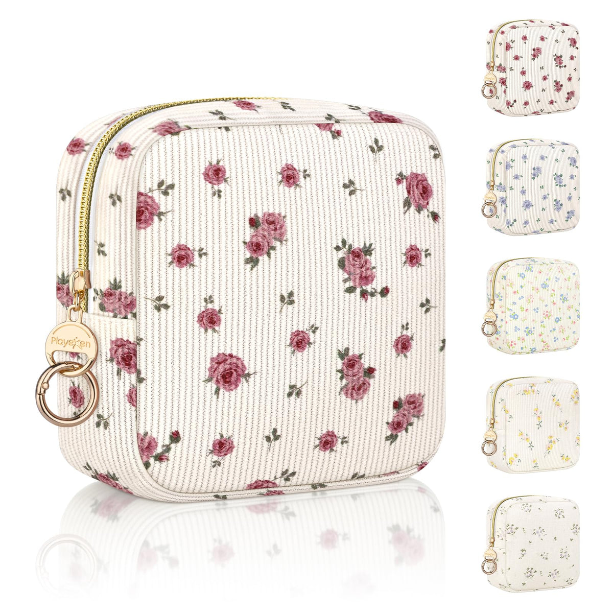 Floral Period Bag, Small Period Pouches for Teen Girls, Quilted Sanitary Napkin Storage Bag, Compact Discreet Pad and Tampon Holder for Purse (Floral-Rose Blue)