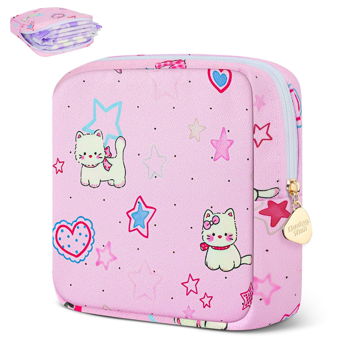 Sanitary Pad Storage Bag Portable Period Bag for Teen Pads/Sanitary Napkins/Small Tampons, Sanitary Napkin Storage Bag First Period Gifts for Teen Girls (Purple Hearts)