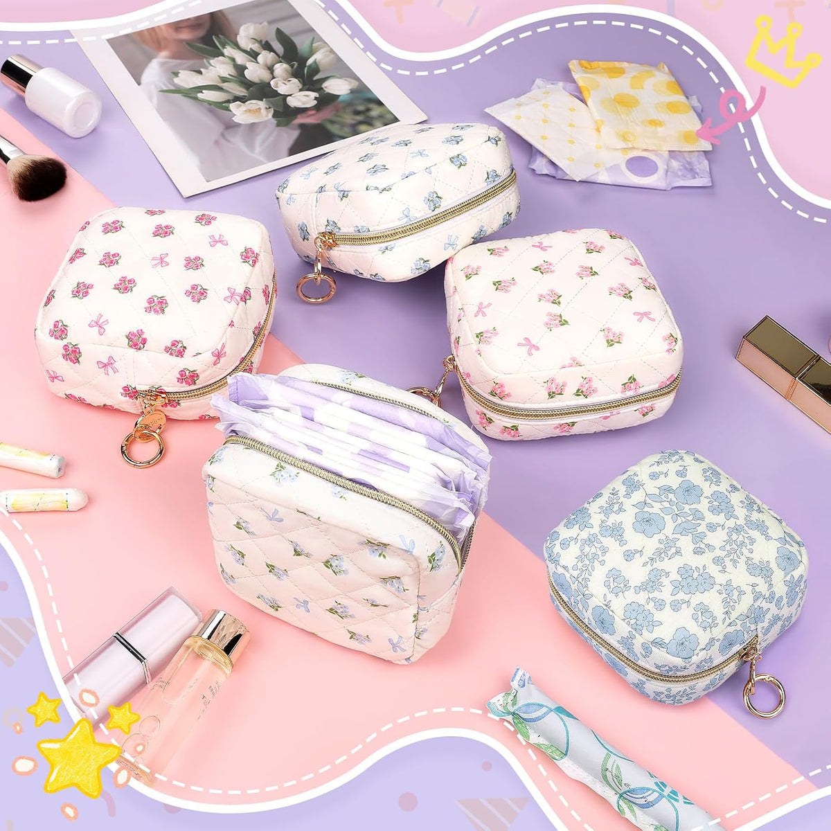 Floral Period Bag, Small Period Pouches for Teen Girls, Quilted Sanitary Napkin Storage Bag, Compact Discreet Pad and Tampon Holder for Purse (Floral-Blue)