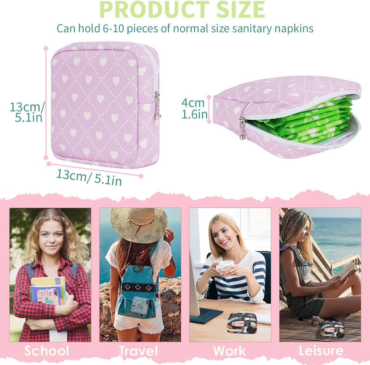 Sanitary Pad Storage Bag Portable Period Bag for Teen Pads/Sanitary Napkins/Small Tampons, Sanitary Napkin Storage Bag First Period Gifts for Teen Girls (Purple Hearts)