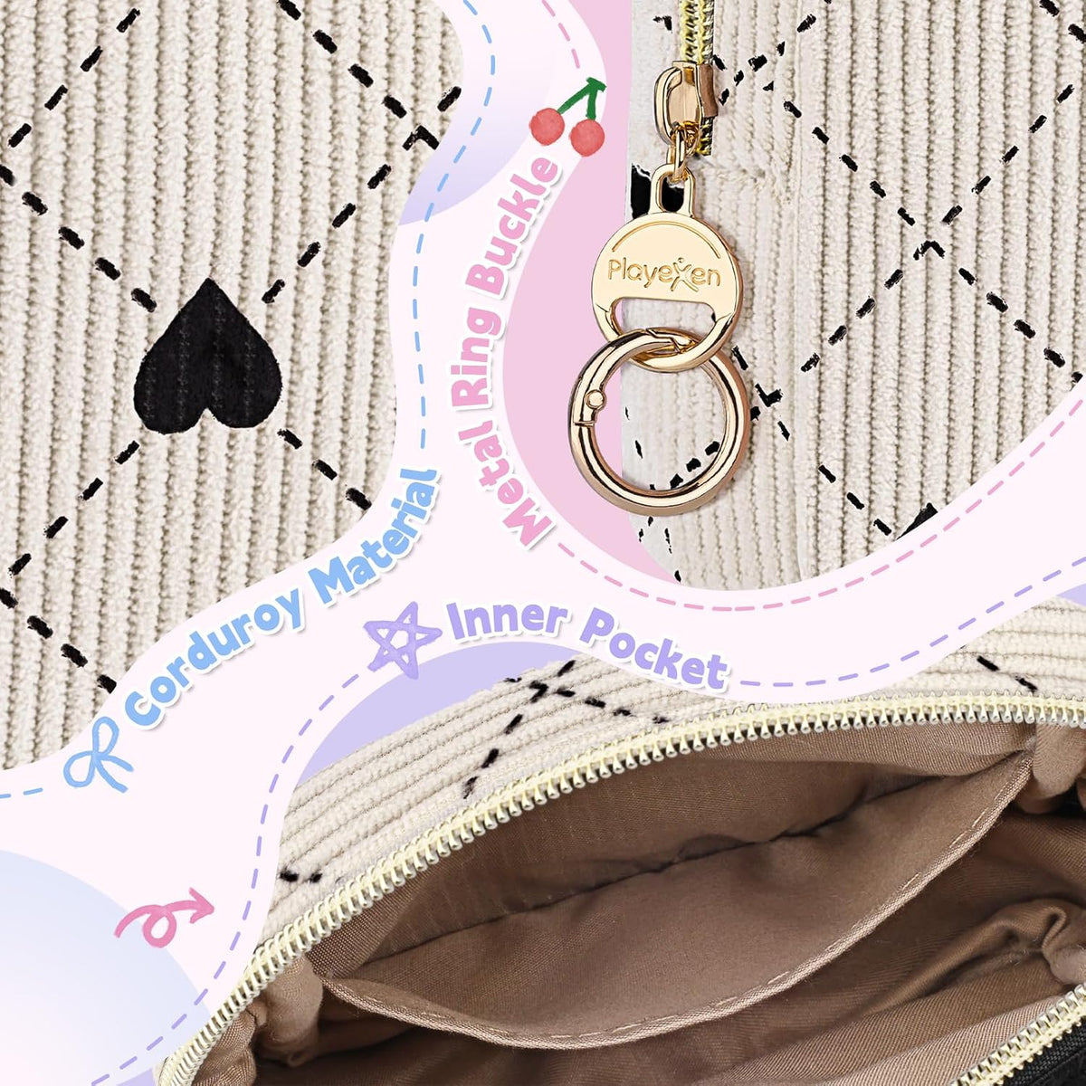 Corduroy Period Bag, Small Period Pouches for Teen Girls, Cute Sanitary Napkin Storage Bag, Compact Discreet Pad and Tampon Holder for Purse (Pink Hearts)