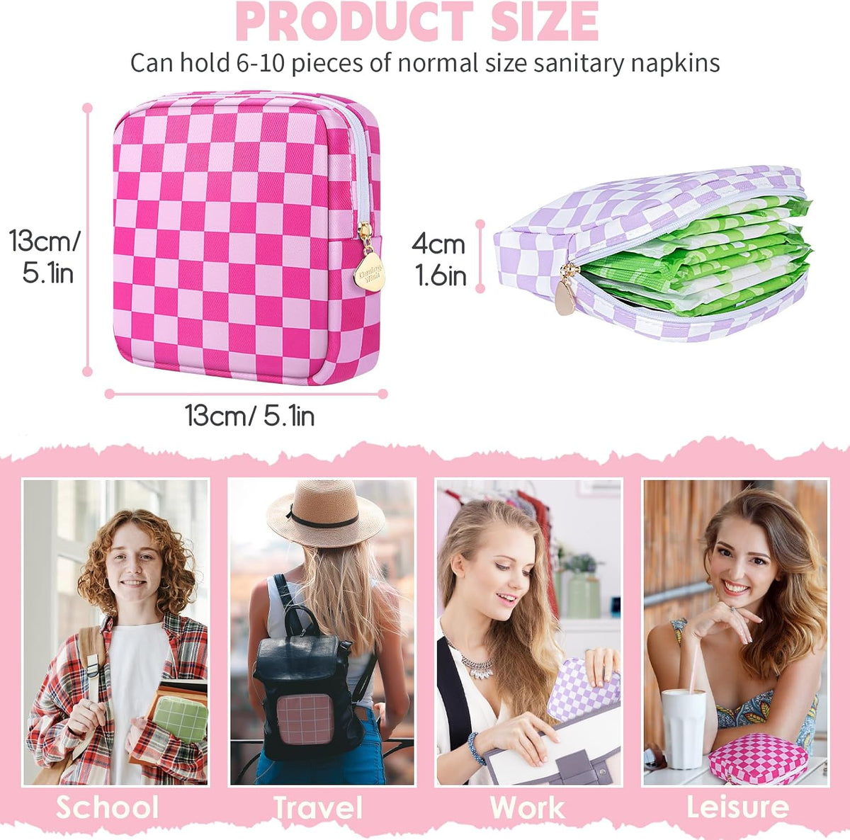 Period Bag Pouch Soft Cloth Sanitary Napkin Storage Bag Portable Menstrual Pad Pouches Tampon Holder for Purse First Period Kit for Girls 9-12 (Rose-Pink Check)