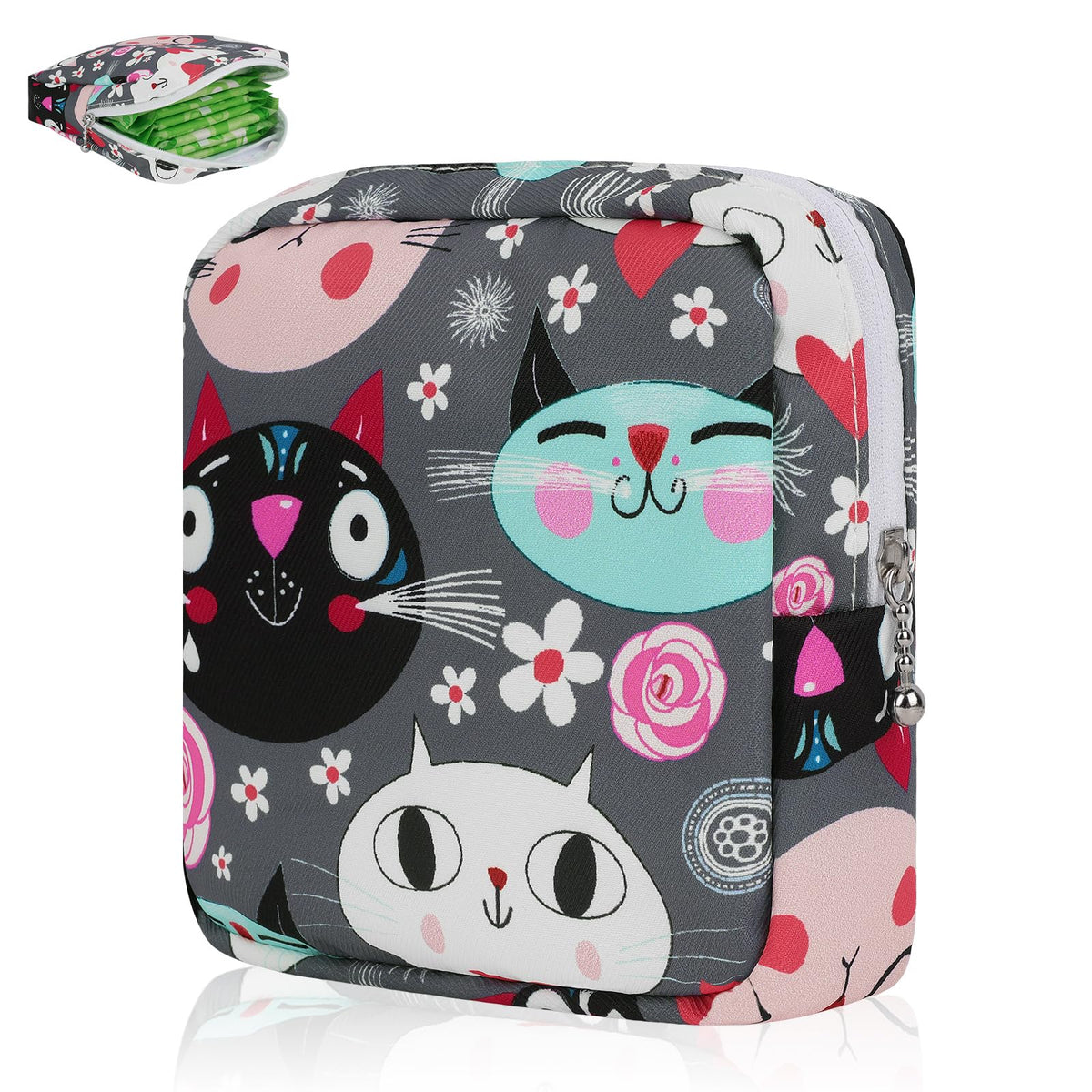 Sanitary Pad Storage Bag Portable Period Bag for Teen Pads/Sanitary Napkins/Small Tampons, Sanitary Napkin Storage Bag First Period Gifts for Teen Girls (Cat)