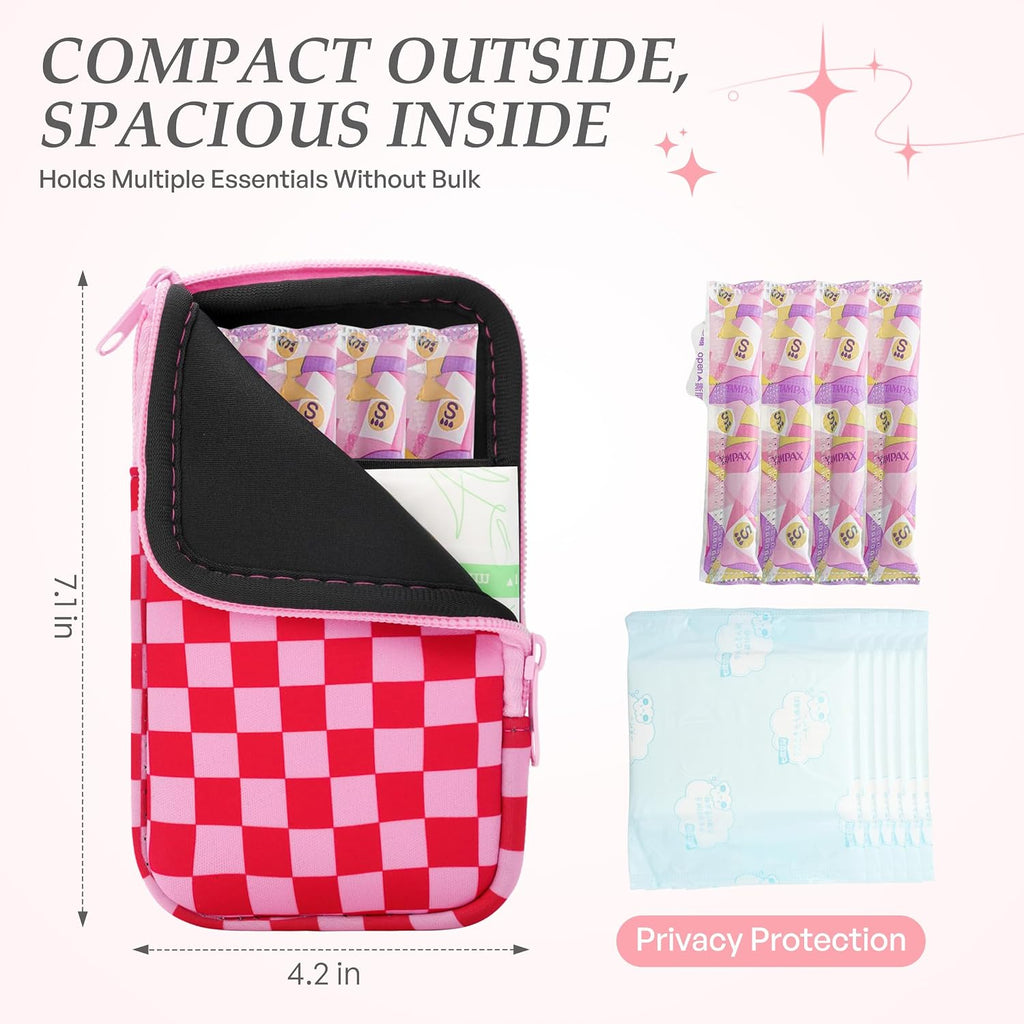 KJQJLY 2 Pack Portable Tampon Organizer Bag Tampon Holder & Storage Case with Zipper for Travel, Discreet Period Bag for Purse, Waterproof Feminine Products Pouch for Women (Checkered)