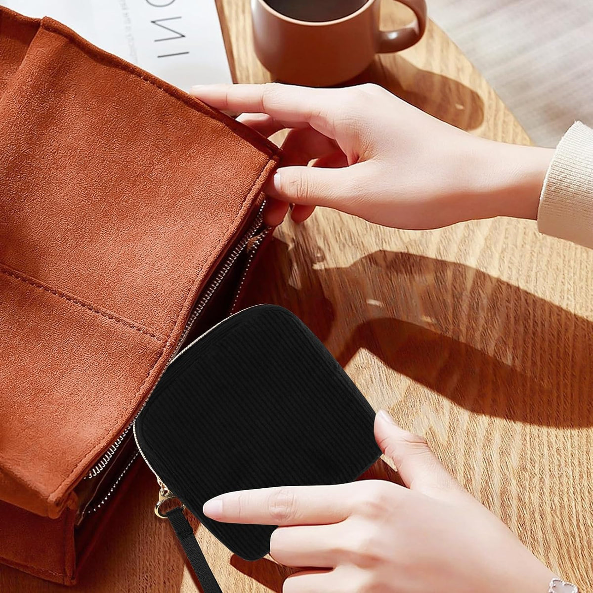 Corduroy Period Pouch Discreet Sanitary Napkin Storage Bag Black