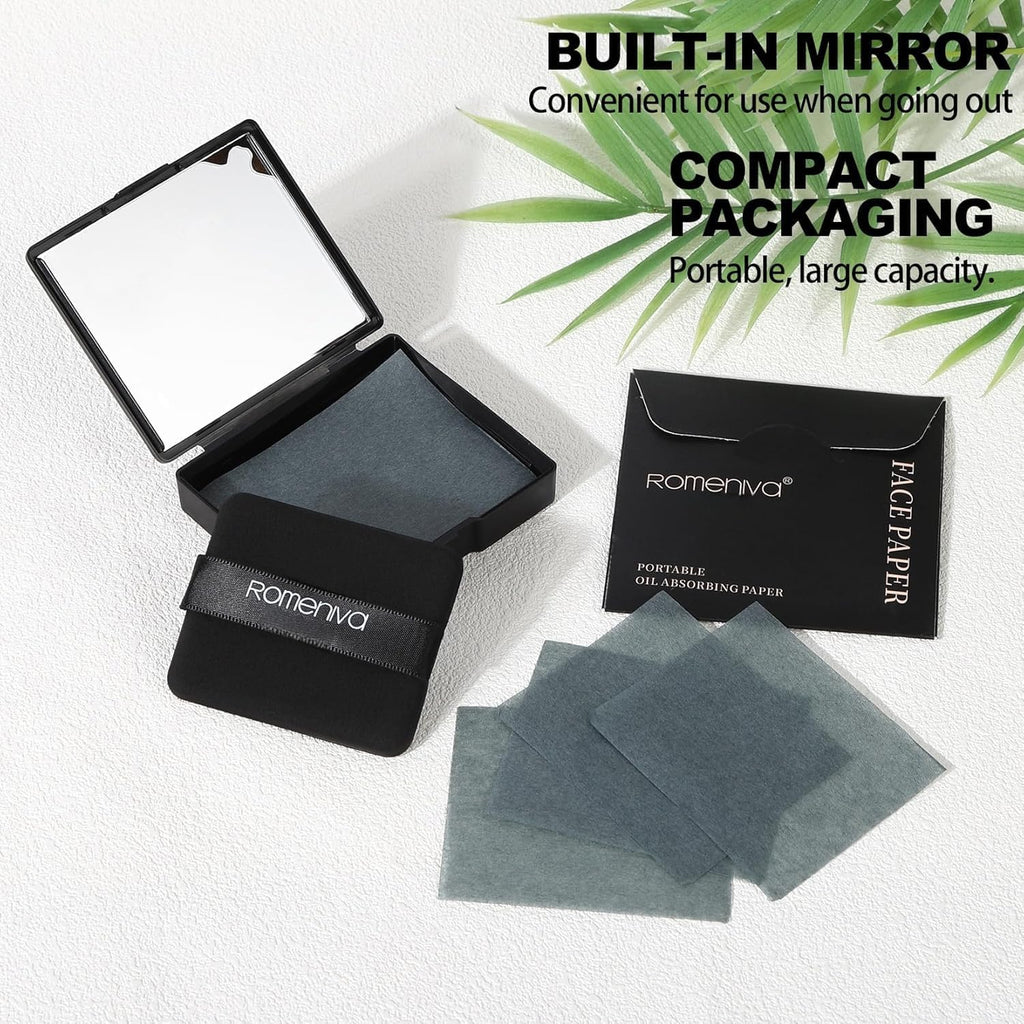 Oil Blotting Sheets for Face - 500 Sheets with Mirror & Puff | Super Absorbent Oil Control Film for Work, Gym & Events | Makeup-Friendly, Natural Blotting Papers for Oily Skin | Women, Men & Teens