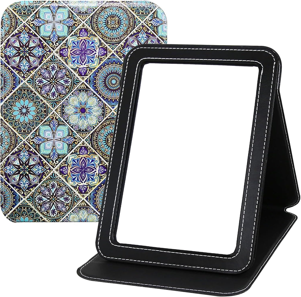 Large Folding Mirror Portable, Travel Foldable PU Adjustable Rectangular Ultrathin Vanity Mirror Rounded Corner with Multi Stand Angle, for Travel, Camping,Home 9x7 Inch