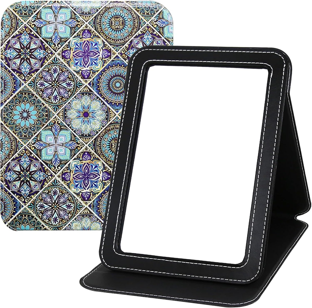 Large Folding Mirror Portable, Travel Foldable PU Adjustable Rectangular Ultrathin Vanity Mirror Rounded Corner with Multi Stand Angle, for Travel, Camping,Home 9x7 Inch