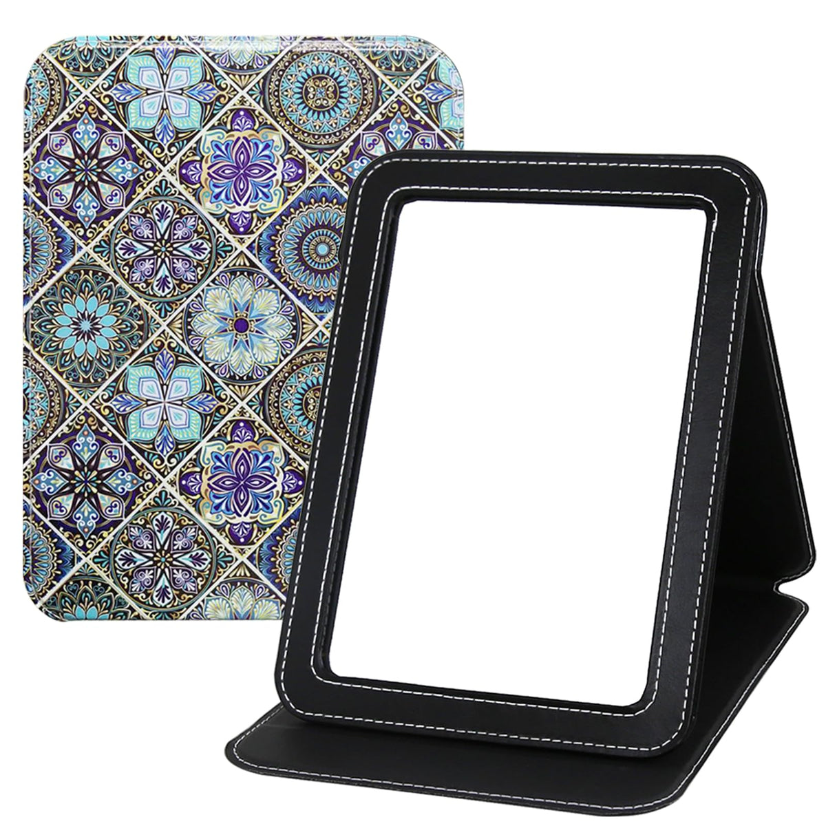 Large Folding Mirror Portable, Travel Foldable PU Adjustable Rectangular Ultrathin Vanity Mirror Rounded Corner with Multi Stand Angle, for Travel, Camping,Home 9x7 Inch