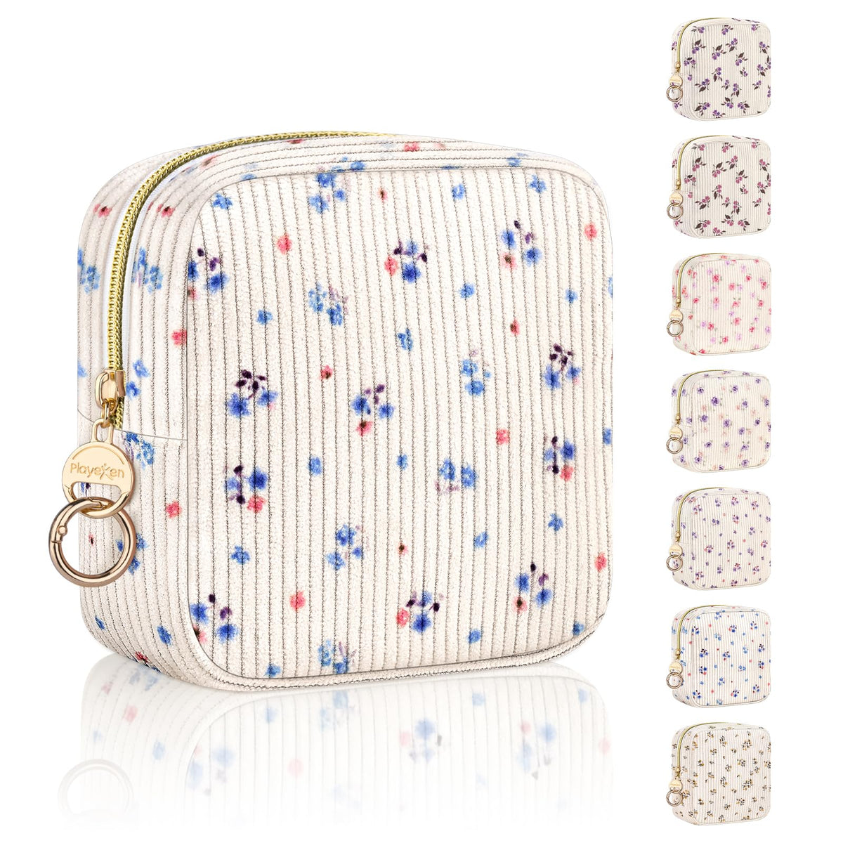 Floral Period Bag, Small Period Pouches for Teen Girls, Quilted Sanitary Napkin Storage Bag, Compact Discreet Pad and Tampon Holder for Purse (Floral-Blue)