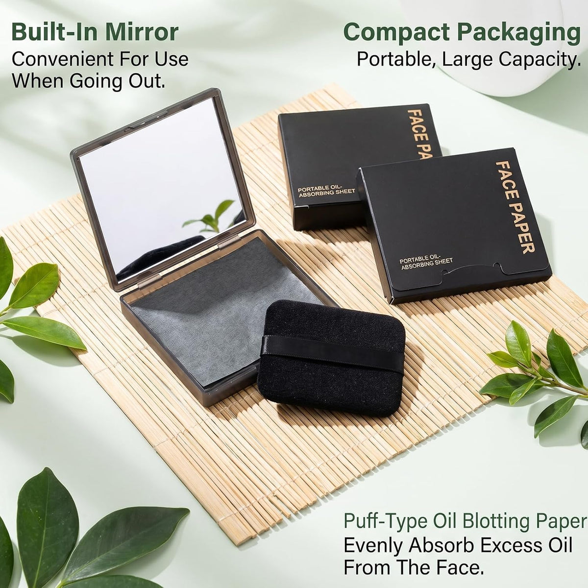 Sibba 600 Sheets Oil Blotting Sheets Oil Blotting Paper with Mirror and Puff, High-Performance Oils Absorbing Sheet for Oily Combination Skin, Portable Natural Oils Control Film Absorb Excess