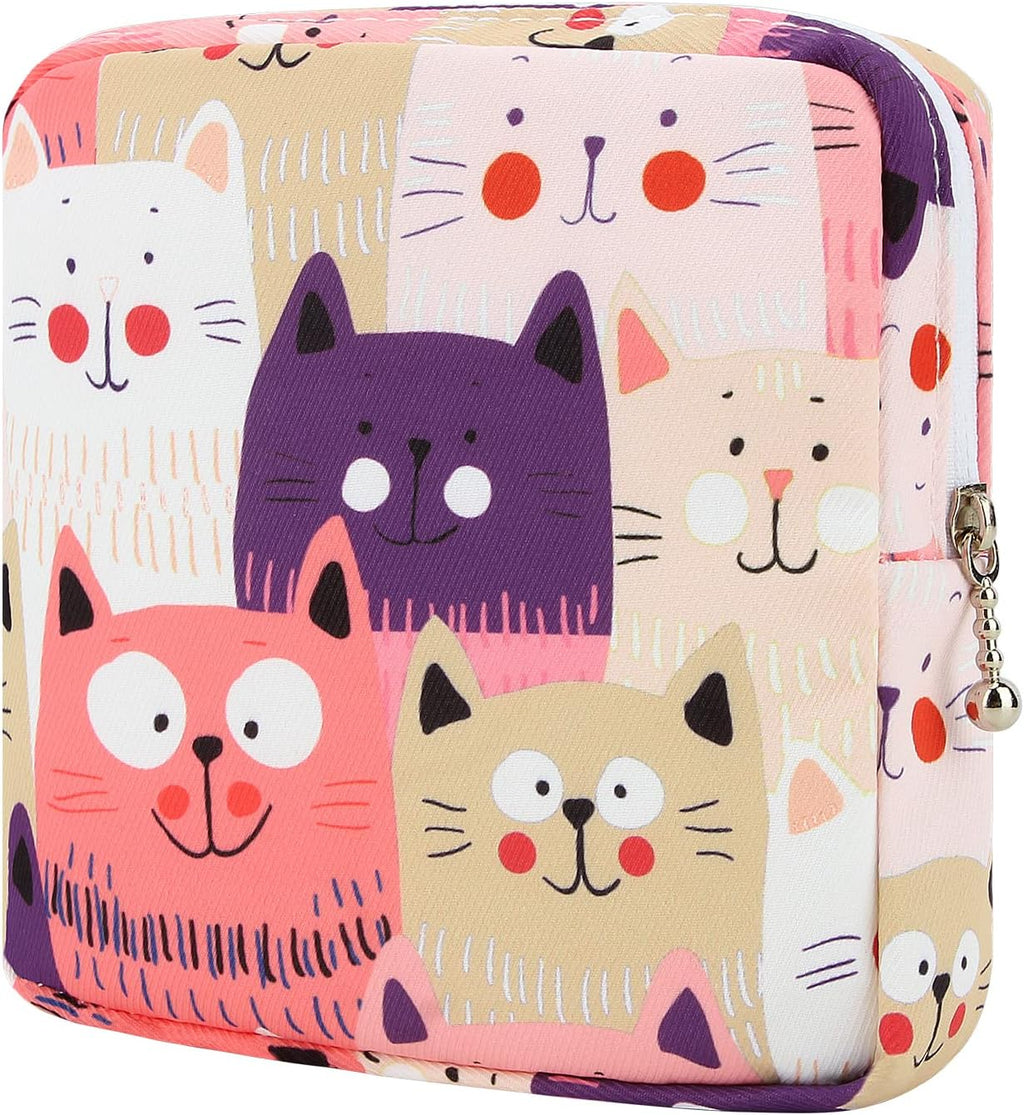 Sanitary Pad Storage Bag Portable Period Bag for Teen Pads/Sanitary Napkins/Small Tampons, Sanitary Napkin Storage Bag First Period Gifts for Teen Girls (Cat)