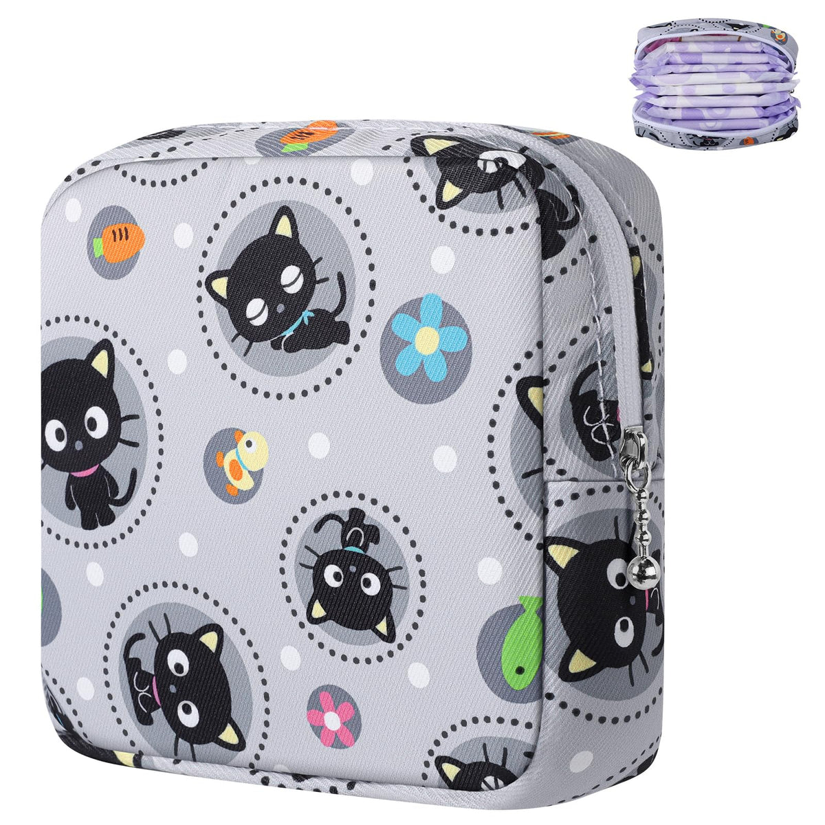 Likesing Tampon Holder for Purse, Canvas Period Bag Pouch-Gray Cat