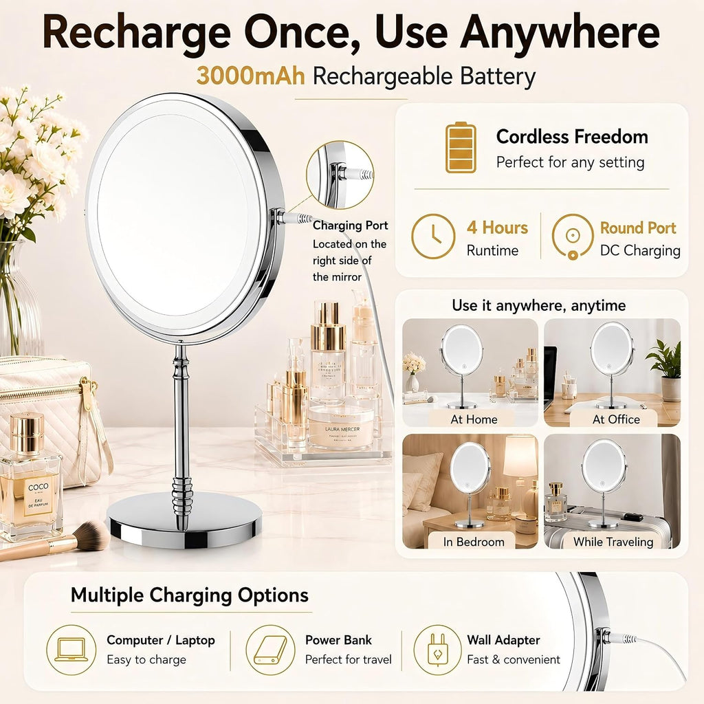 DEIOVWXS Makeup Mirror, Rechargeable Vanity Mirror with 3 Lights, 1X/10X