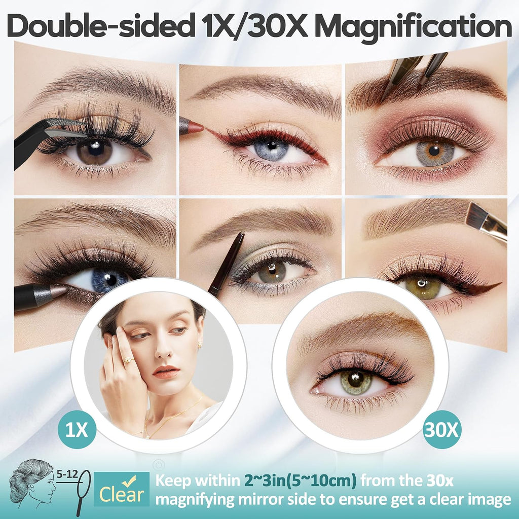 B Beauty Planet Magnifying Mirror with Light 30X, Double-Sided 1X/ 30X Magnifying Makeup Mirror with Tweezer, 2000mAh 3 Colour Modes with Adjustable Brightness,Foldable Travel Mirror(9" L x 7" W)