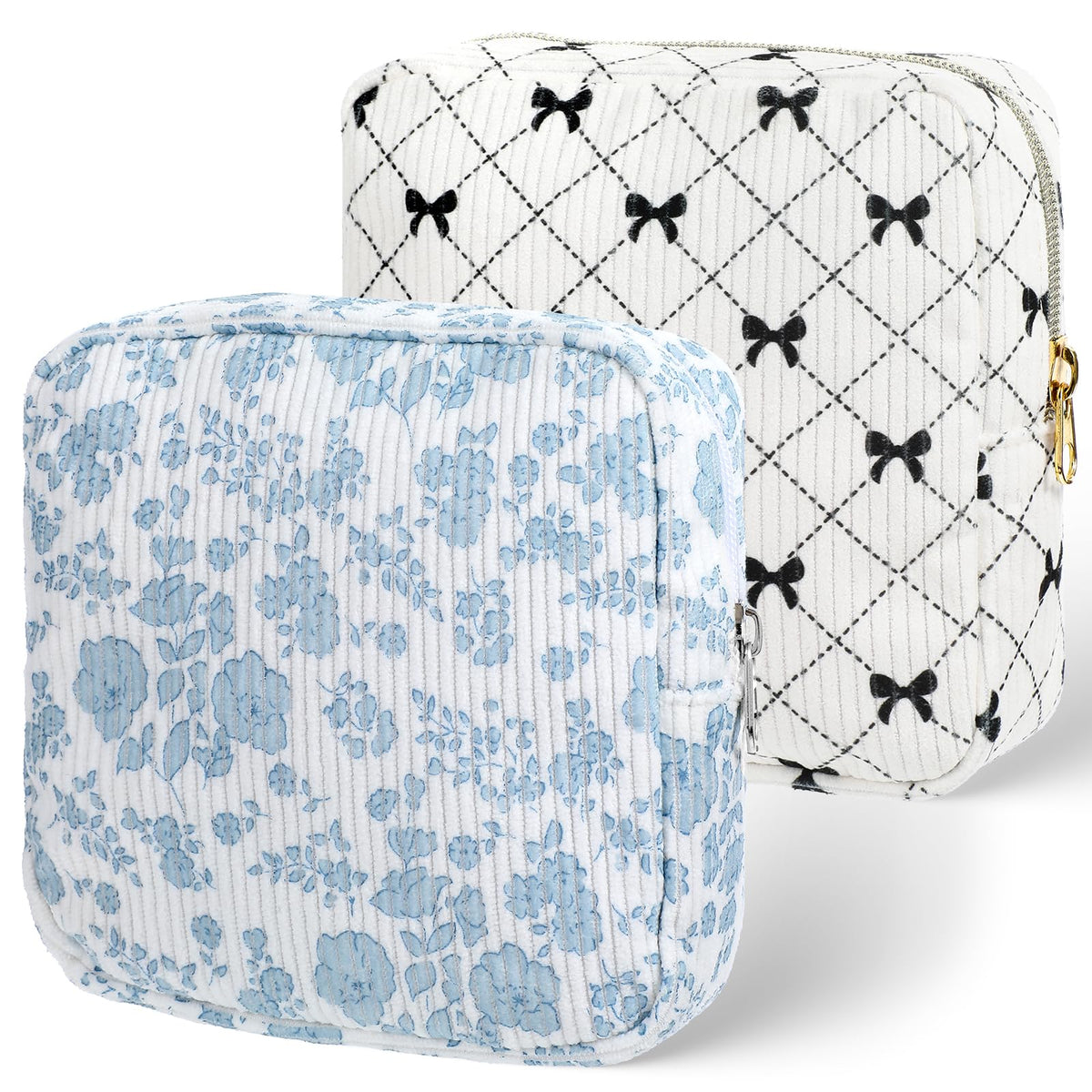 2 Pack Period Bag Pouch for Women Girls, Cute Corduroy Sanitary Napkin Storage Bag with Bow Design, Portable Discreet Menstrual Pad Pouches Tampon Holder for Purse, Small Make Up Bags