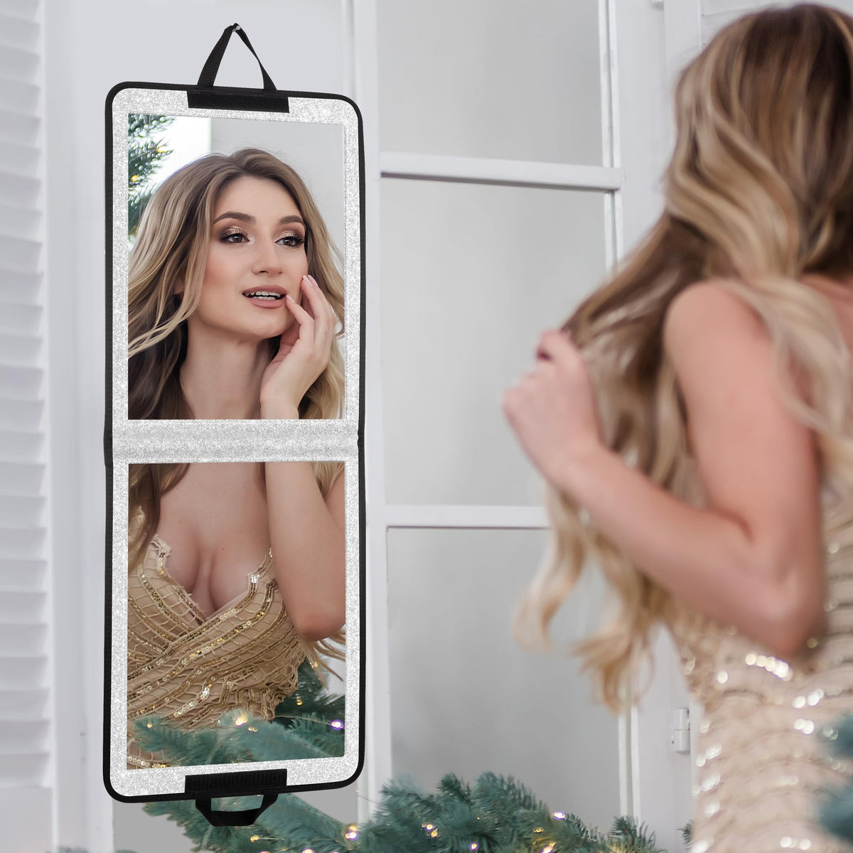 LPHUMEX Foldable Portable Full Length Mirror for Camping, Travel, Dancers, 32x13 Inch, Black, Hanging Folding Mirror for Dance, Full Body Travel Mirror