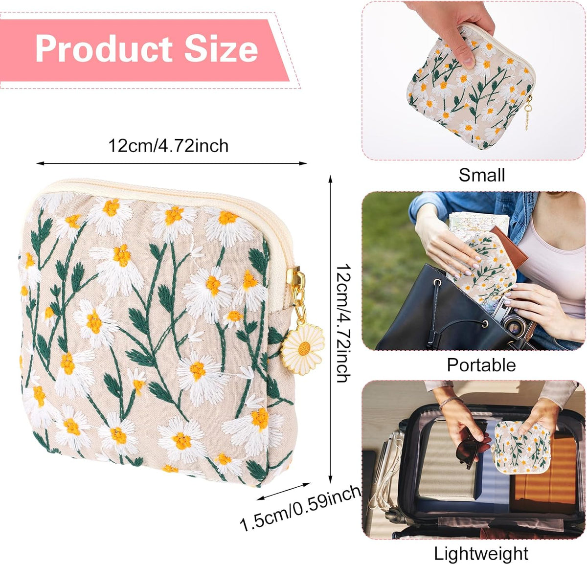 TIESOME Daisies Sanitary Napkin Storage Bag, 2 Pcs Embroidery Menstrual Cup Pouch Cotton Soft Period Holder Bag Portable Tampon Holder Pad Pouch Period Kit Bag for Women Teen Girls