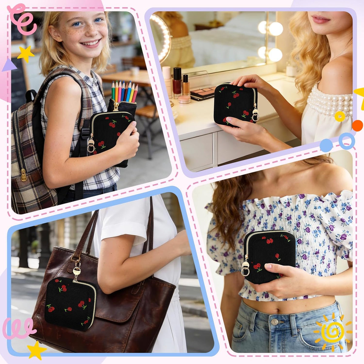 Period Bag with Cherry Keychain, Small Period Pouches for Teen Girls, Cute Sanitary Napkin Storage Bag, Cherry Compact Discreet Pad and Tampon Holder for Purse (Corduroy-Black)