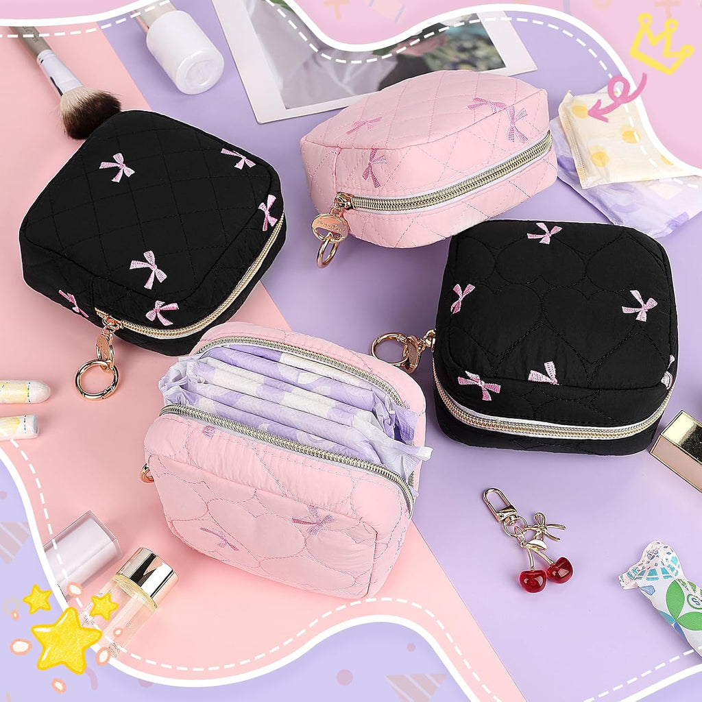 Quilted Period Bag with Cherry Keychain, Small Period Pouches for Teen Girls, Cute Sanitary Napkin Storage Bag, Bow Compact Discreet Pad and Tampon Holder for Purse (Plaid-Pink)
