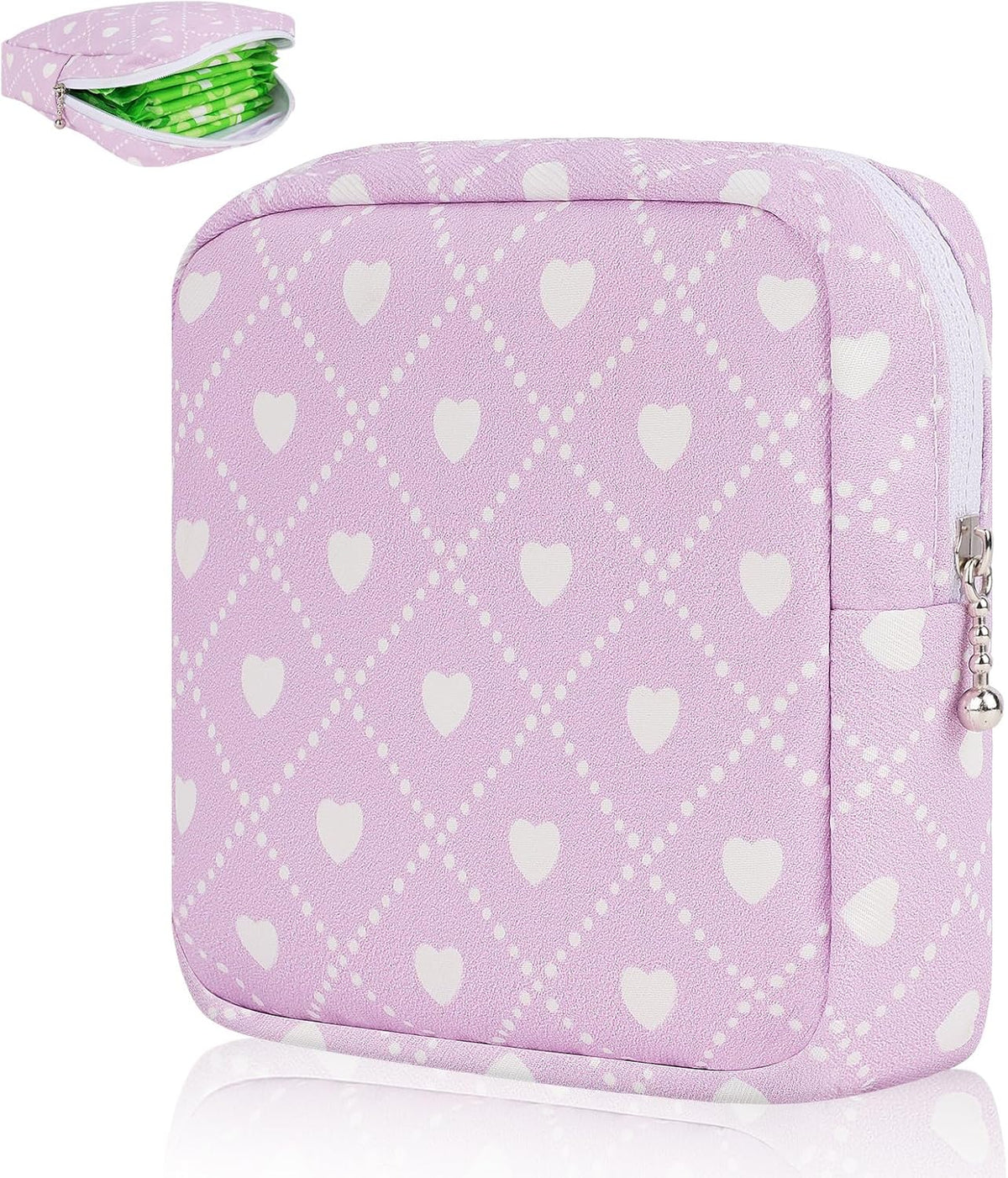 Sanitary Pad Storage Bag Portable Period Bag for Teen Pads/Sanitary Napkins/Small Tampons, Sanitary Napkin Storage Bag First Period Gifts for Teen Girls (Purple Hearts)