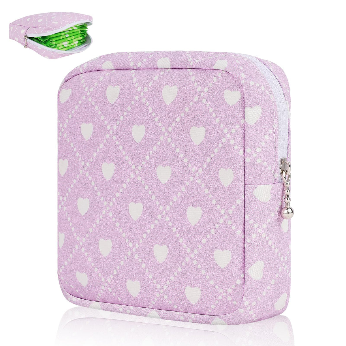 Sanitary Pad Storage Bag Portable Period Bag for Teen Pads/Sanitary Napkins/Small Tampons, Sanitary Napkin Storage Bag First Period Gifts for Teen Girls (Purple Hearts)