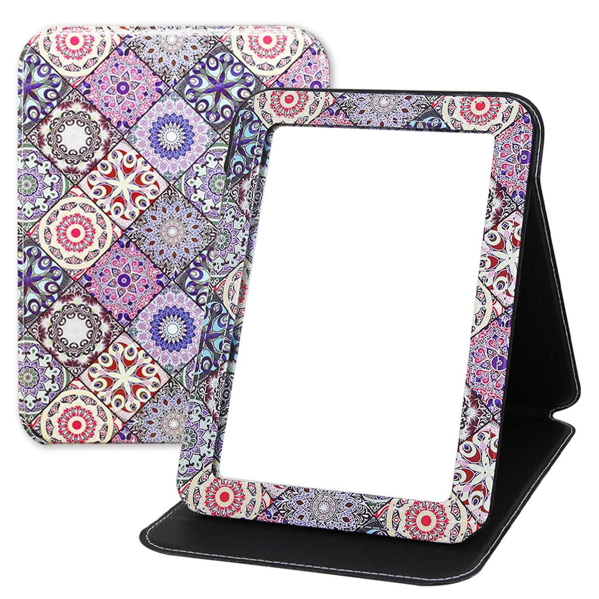 Large Folding Mirror Portable, Travel Foldable PU Adjustable Rectangular Ultrathin Vanity Mirror Rounded Corner with Multi Stand Angle, for Travel, Camping,Home 9x7 Inch