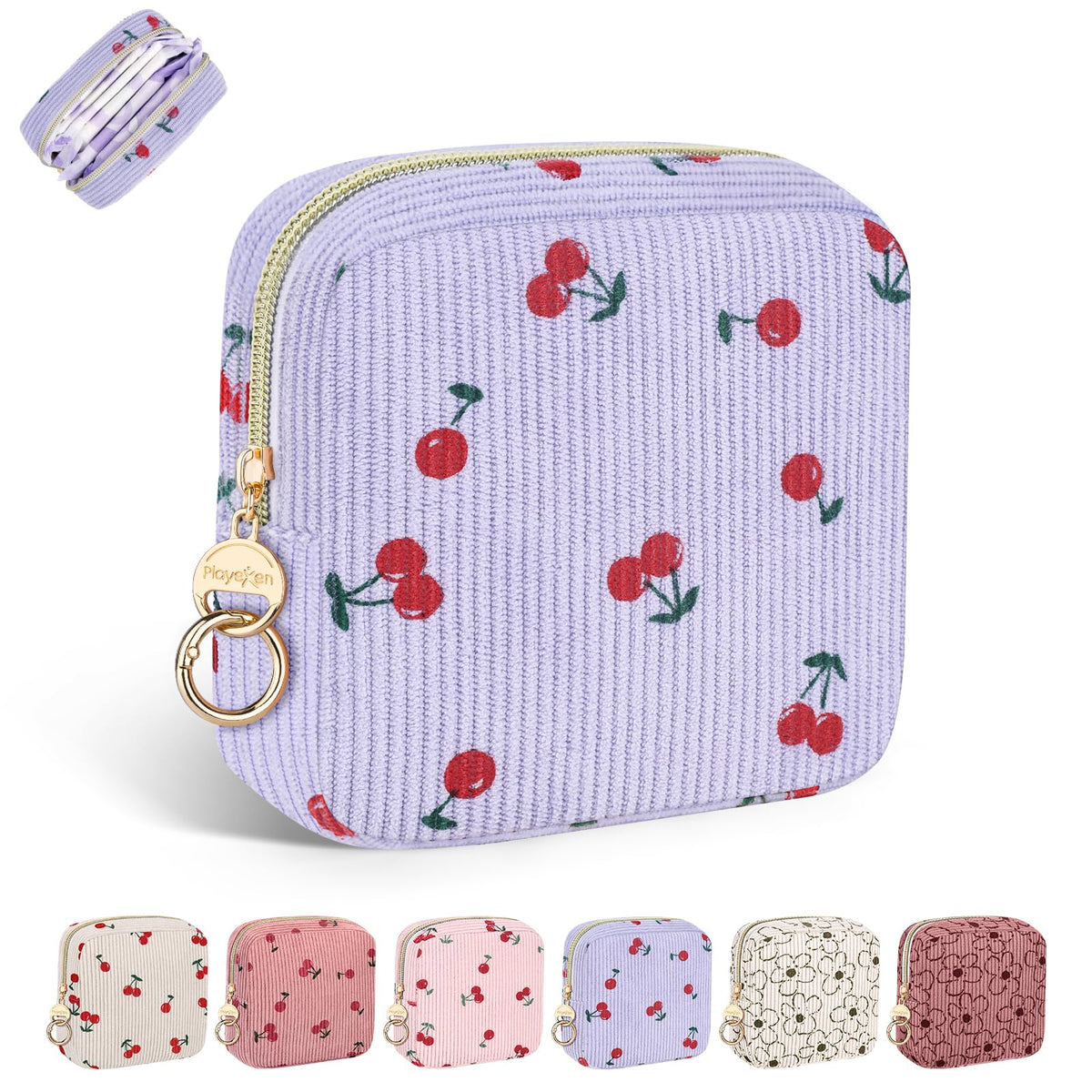Period Bag for Teen Girls, Corduroy Sanitary Napkin Pouch, S-Beige