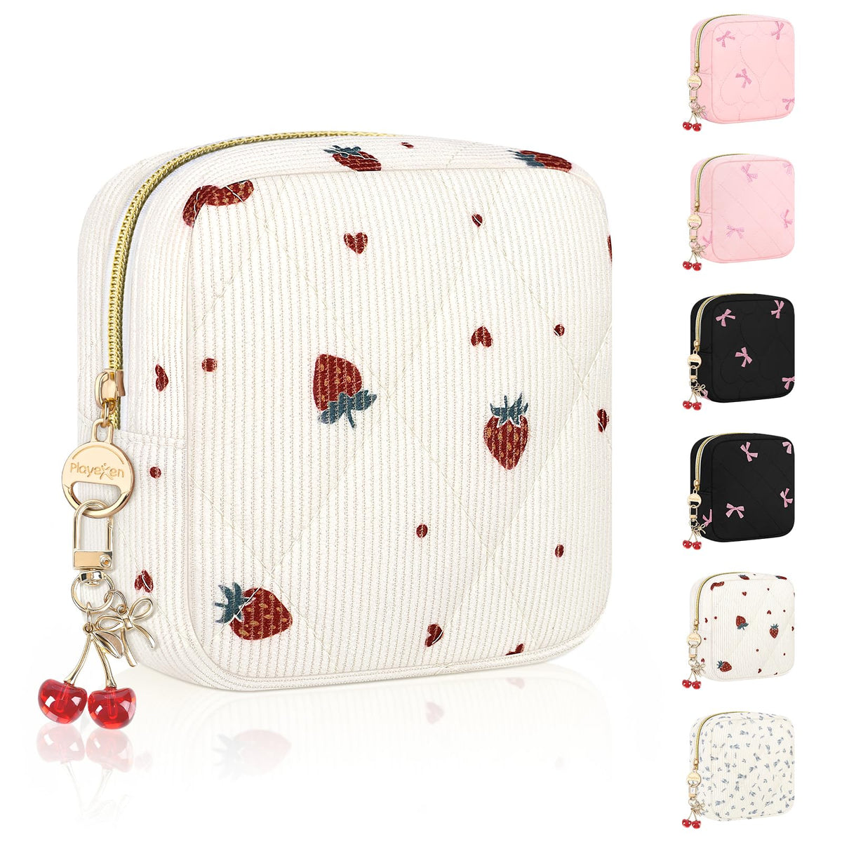 Quilted Period Bag with Cherry Keychain, Small Period Pouches for Teen Girls, Cute Sanitary Napkin Storage Bag, Bow Compact Discreet Pad and Tampon Holder for Purse (Plaid-Pink)