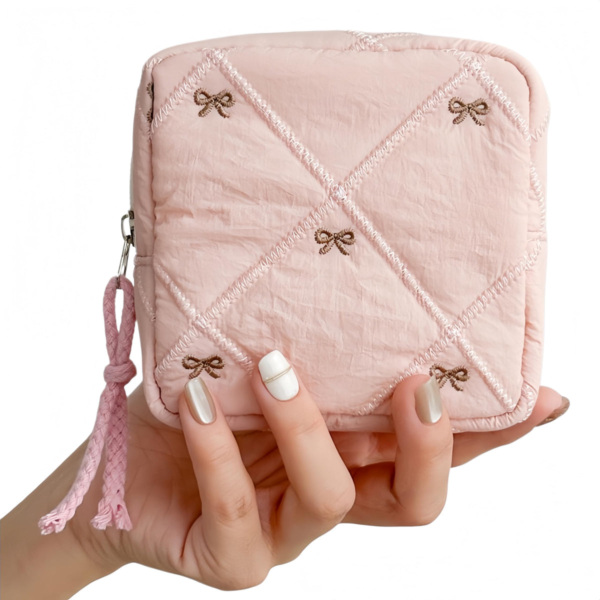 Small Makeup Bag | Discreet Period Bag Pad Pouch for Purse| Sanitary Napkin Storage & Tampon Holder for Travel(Flower bow pink)
