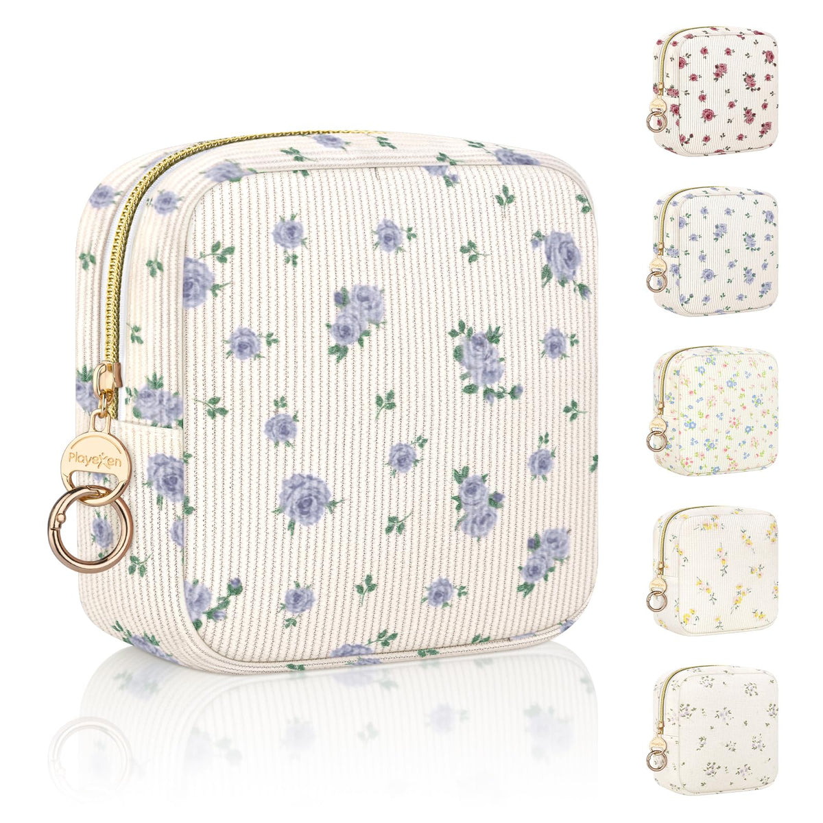 Floral Period Bag, Small Period Pouches for Teen Girls, Quilted Sanitary Napkin Storage Bag, Compact Discreet Pad and Tampon Holder for Purse (Floral-Rose Blue)