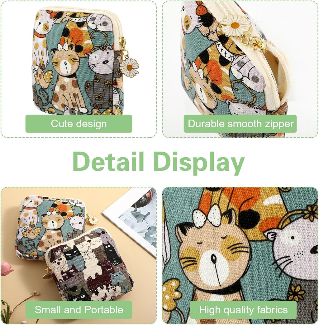 cobee 2PCS Sanitary Pad Storage Bag, Cute Sanitary Napkin Storage Purses Portable Period Bag with Daisy Zipper Panty Liner Tampon Menstrual Cup Nursing Pad Holder Pouch for Girls Women Travel(Cat)