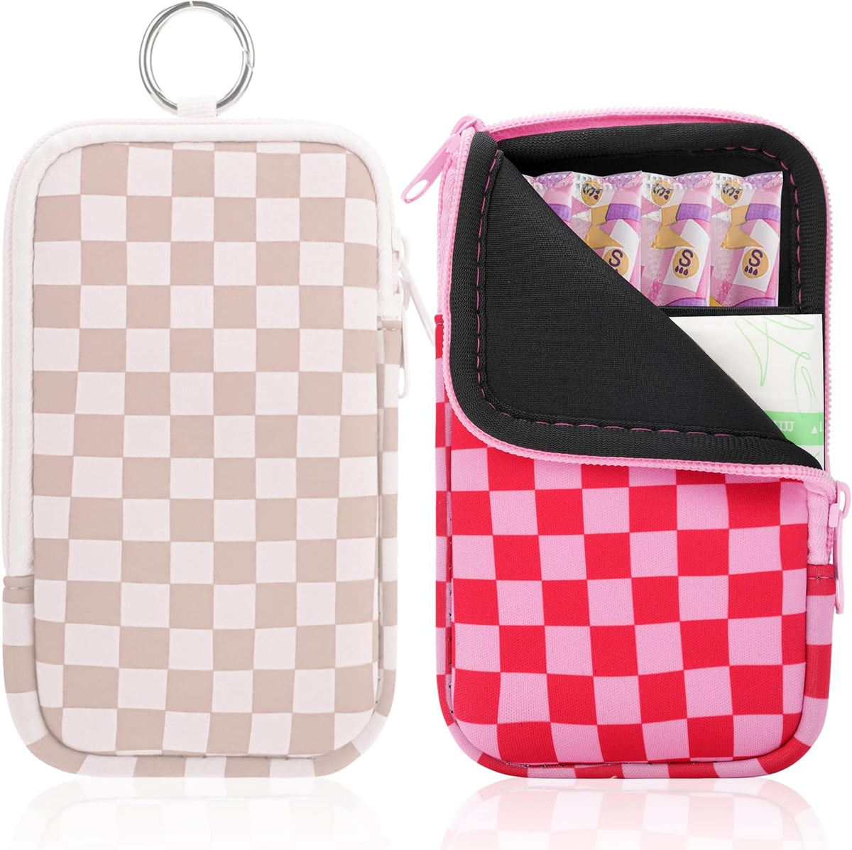 KJQJLY 2 Pack Portable Tampon Organizer Bag Tampon Holder & Storage Case with Zipper for Travel, Discreet Period Bag for Purse, Waterproof Feminine Products Pouch for Women (Checkered)