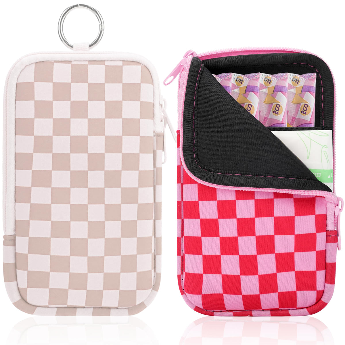 KJQJLY 2 Pack Portable Tampon Organizer Bag Tampon Holder & Storage Case with Zipper for Travel, Discreet Period Bag for Purse, Waterproof Feminine Products Pouch for Women (Checkered)