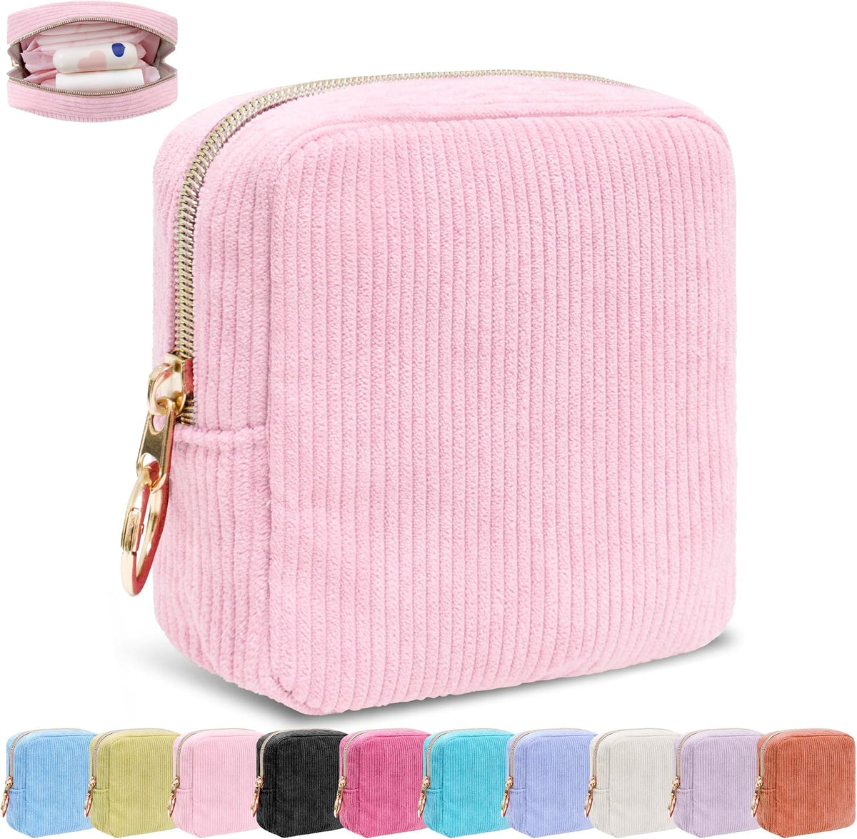Period Bag for Women, Corduroy Tampon Holder for Purse, Pink
