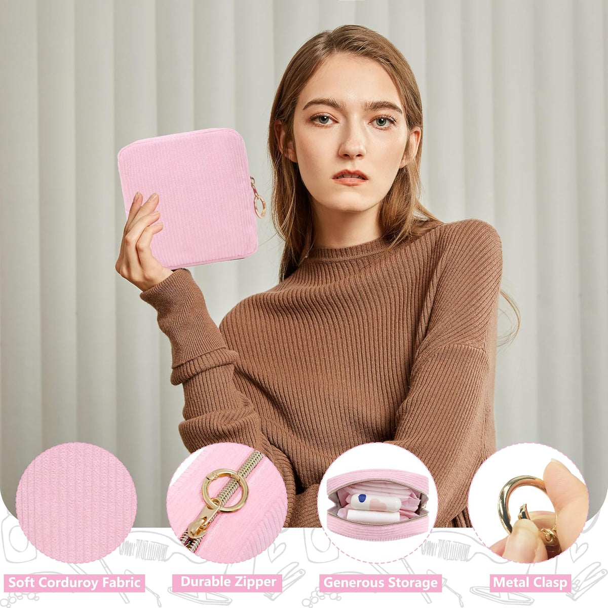 Period Bag for Women, Corduroy Tampon Holder for Purse, Pink